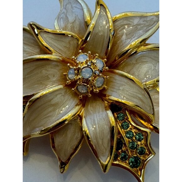 Nolan Miller Poinsettia Christmas Brooch Pin Enamel Rhinestones Fashion Jewelry - Picture 6 of 9